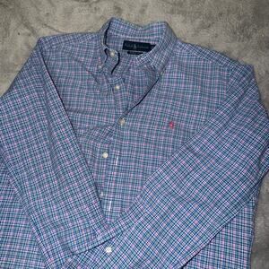 Ralph Lauren Classic Fit Plaid Button Down Shirt Blue Pink Green Plaid M